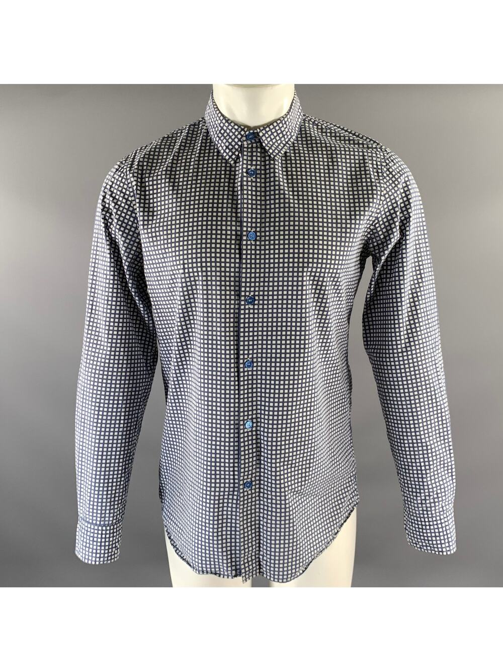 MARNI Size M White Blue Check Pointed Collar Long Sleeve Shirt